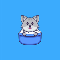 Cute cat taking a bath in the bathtub. Animal cartoon concept isolated. Can used for t-shirt, greeting card, invitation card or mascot. Flat Cartoon Style