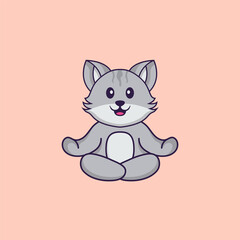 Cute cat is meditating or doing yoga. Animal cartoon concept isolated. Can used for t-shirt, greeting card, invitation card or mascot. Flat Cartoon Style