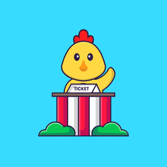 Cute chicken is being a ticket keeper. Animal cartoon concept isolated. Can used for t-shirt, greeting card, invitation card or mascot. Flat Cartoon Style