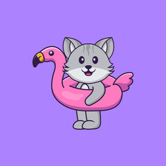 Cute cat With flamingo buoy. Animal cartoon concept isolated. Can used for t-shirt, greeting card, invitation card or mascot. Flat Cartoon Style