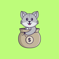 Cute cat in a money bag. Animal cartoon concept isolated. Can used for t-shirt, greeting card, invitation card or mascot. Flat Cartoon Style