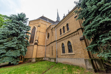 Backa Topola, Serbia - June 06, 2021: Roman Catholic Church of the Immaculate Virgin Mary in Backa Topola. It has the tallest tower in Eastern Europe 72.7m