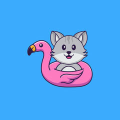 Cute cat With flamingo buoy. Animal cartoon concept isolated. Can used for t-shirt, greeting card, invitation card or mascot. Flat Cartoon Style