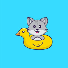 Cute cat With Duck buoy. Animal cartoon concept isolated. Can used for t-shirt, greeting card, invitation card or mascot. Flat Cartoon Style