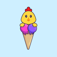 Cute chicken with sweet ice cream. Animal cartoon concept isolated. Can used for t-shirt, greeting card, invitation card or mascot. Flat Cartoon Style