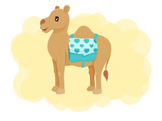 Cute camel with a bag. Kawaii character. Vector children illustration. Cartoon style.