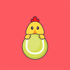 Cute chicken playing tennis. Animal cartoon concept isolated. Can used for t-shirt, greeting card, invitation card or mascot. Flat Cartoon Style