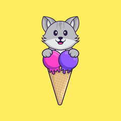Cute cat with sweet ice cream. Animal cartoon concept isolated. Can used for t-shirt, greeting card, invitation card or mascot. Flat Cartoon Style