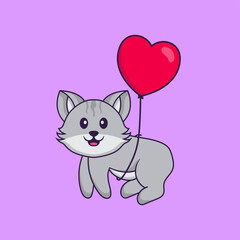 Cute cat flying with love shaped balloons. Animal cartoon concept isolated. Can used for t-shirt, greeting card, invitation card or mascot. Flat Cartoon Style