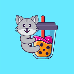 Cute cat Drinking Boba milk tea. Animal cartoon concept isolated. Can used for t-shirt, greeting card, invitation card or mascot. Flat Cartoon Style
