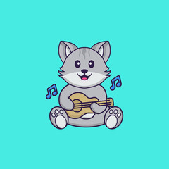 Cute cat playing guitar. Animal cartoon concept isolated. Can used for t-shirt, greeting card, invitation card or mascot. Flat Cartoon Style