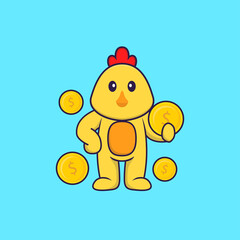 Cute chicken holding coin. Animal cartoon concept isolated. Can used for t-shirt, greeting card, invitation card or mascot. Flat Cartoon Style