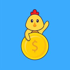 Cute chicken holding coin. Animal cartoon concept isolated. Can used for t-shirt, greeting card, invitation card or mascot. Flat Cartoon Style