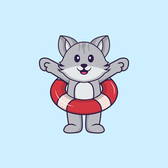 Cute cat using a float. Animal cartoon concept isolated. Can used for t-shirt, greeting card, invitation card or mascot. Flat Cartoon Style