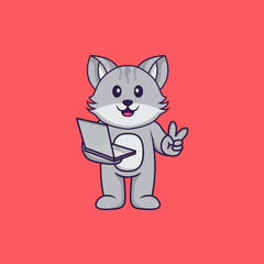 Cute cat holding laptop. Animal cartoon concept isolated. Can used for t-shirt, greeting card, invitation card or mascot. Flat Cartoon Style
