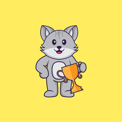 Cute cat holding gold trophy. Animal cartoon concept isolated. Can used for t-shirt, greeting card, invitation card or mascot. Flat Cartoon Style