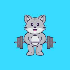 Cute cat lifts the barbell. Animal cartoon concept isolated. Can used for t-shirt, greeting card, invitation card or mascot. Flat Cartoon Style
