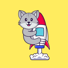 Cute cat flying on rocket. Animal cartoon concept isolated. Can used for t-shirt, greeting card, invitation card or mascot. Flat Cartoon Style