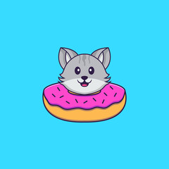 Cute cat with a donut on his neck. Animal cartoon concept isolated. Can used for t-shirt, greeting card, invitation card or mascot. Flat Cartoon Style