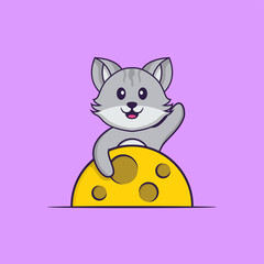 Cute cat is on the moon. Animal cartoon concept isolated. Can used for t-shirt, greeting card, invitation card or mascot. Flat Cartoon Style