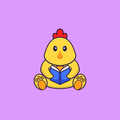 Cute chicken reading a book. Animal cartoon concept isolated. Can used for t-shirt, greeting card, invitation card or mascot. Flat Cartoon Style