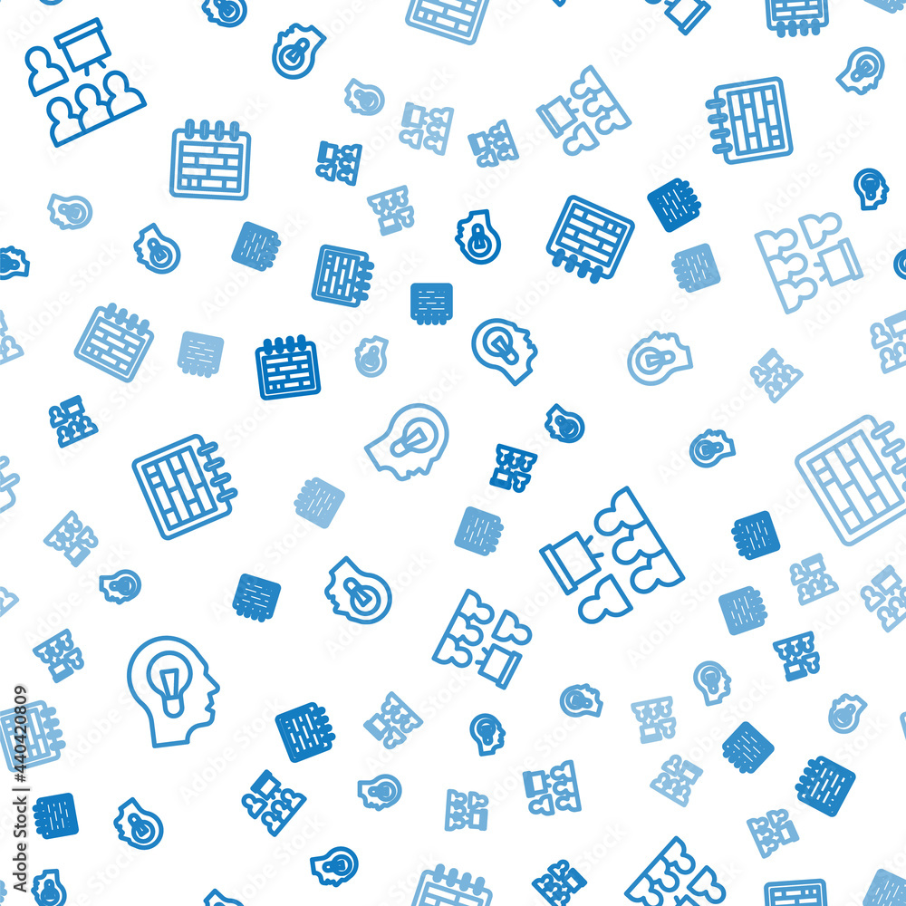 Poster set line human with lamp bulb, training, presentation and calendar on seamless pattern. vector