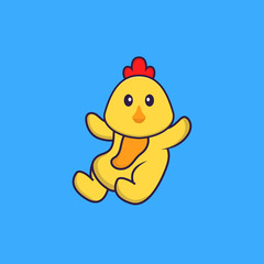 Cute chicken is flying. Animal cartoon concept isolated. Can used for t-shirt, greeting card, invitation card or mascot. Flat Cartoon Style