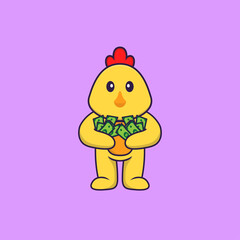 Cute chicken holding money. Animal cartoon concept isolated. Can used for t-shirt, greeting card, invitation card or mascot. Flat Cartoon Style
