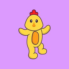 Cute chicken is dancing. Animal cartoon concept isolated. Can used for t-shirt, greeting card, invitation card or mascot. Flat Cartoon Style