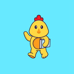 Cute chicken holding a book. Animal cartoon concept isolated. Can used for t-shirt, greeting card, invitation card or mascot. Flat Cartoon Style