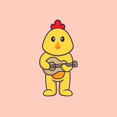 Cute chicken playing guitar. Animal cartoon concept isolated. Can used for t-shirt, greeting card, invitation card or mascot. Flat Cartoon Style