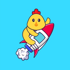 Cute chicken flying on rocket. Animal cartoon concept isolated. Can used for t-shirt, greeting card, invitation card or mascot. Flat Cartoon Style