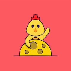 Cute chicken is on the moon. Animal cartoon concept isolated. Can used for t-shirt, greeting card, invitation card or mascot. Flat Cartoon Style