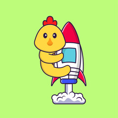 Cute chicken flying on rocket. Animal cartoon concept isolated. Can used for t-shirt, greeting card, invitation card or mascot. Flat Cartoon Style
