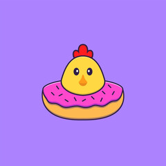 Cute chicken with a donut on his neck. Animal cartoon concept isolated. Can used for t-shirt, greeting card, invitation card or mascot. Flat Cartoon Style