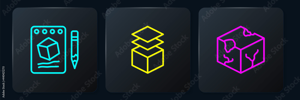 Aufkleber set line sketch on paper, isometric cube and layers. black square button. vector