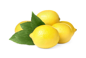 Fresh ripe juicy lemons with leaves on white background