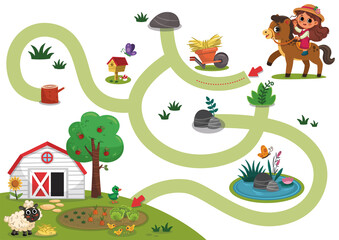 Educational maze game for preschool children with farm theme. Cartoon Vector illustration.
