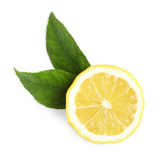 Fresh ripe lemon half with leaves on white background, top view