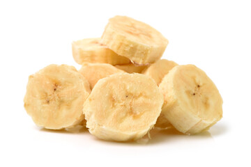 Heap of banana slices on a white background