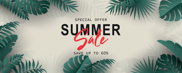 Elegant summer sale banner with tropical leaf theme