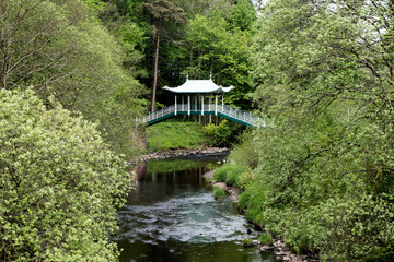 Naklejka premium Japanese Style Bridge over a River in a Country Park