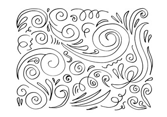 Hand drawn vector sketchy Doodle cartoon set of curls and swirls decorative elements for concept design