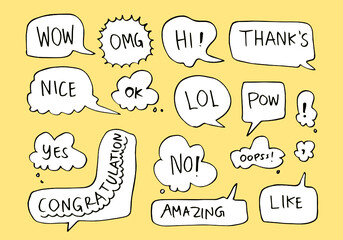 Hand drawn set of speech bubbles with handwritten short phrases  wow,OMG,hi,thank's,nice,ok,lol,pow,yes,no,oops,congratulation,amazing,like on yellow background.