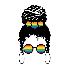 Young beautiful black woman with LGBT colorful glasses and hair decor isolated on white background. Vector flat illustration. Design for banner, poster, greeting card, flyer