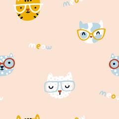 Cat seamless pattern. Cute kittens with glasses. Nursery characters in a simple hand-drawn naive cartoon Scandinavian style. Pastel palette. Beige background. For baby fabrics, textiles, T-shirts