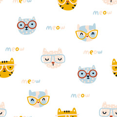 Cat seamless pattern. Cute kittens with glasses. Nursery characters in a simple hand-drawn naive cartoon Scandinavian style. Pastel palette. For baby fabrics, textiles, T-shirts. White background