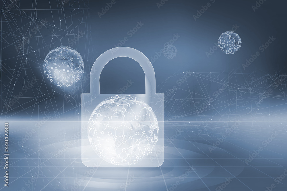 Poster security sign around the connection lines and earth globe - global data protection concept