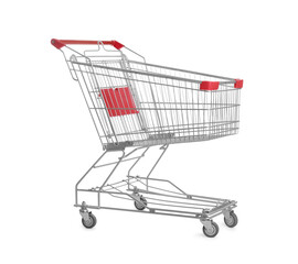 Empty metal shopping cart isolated on white