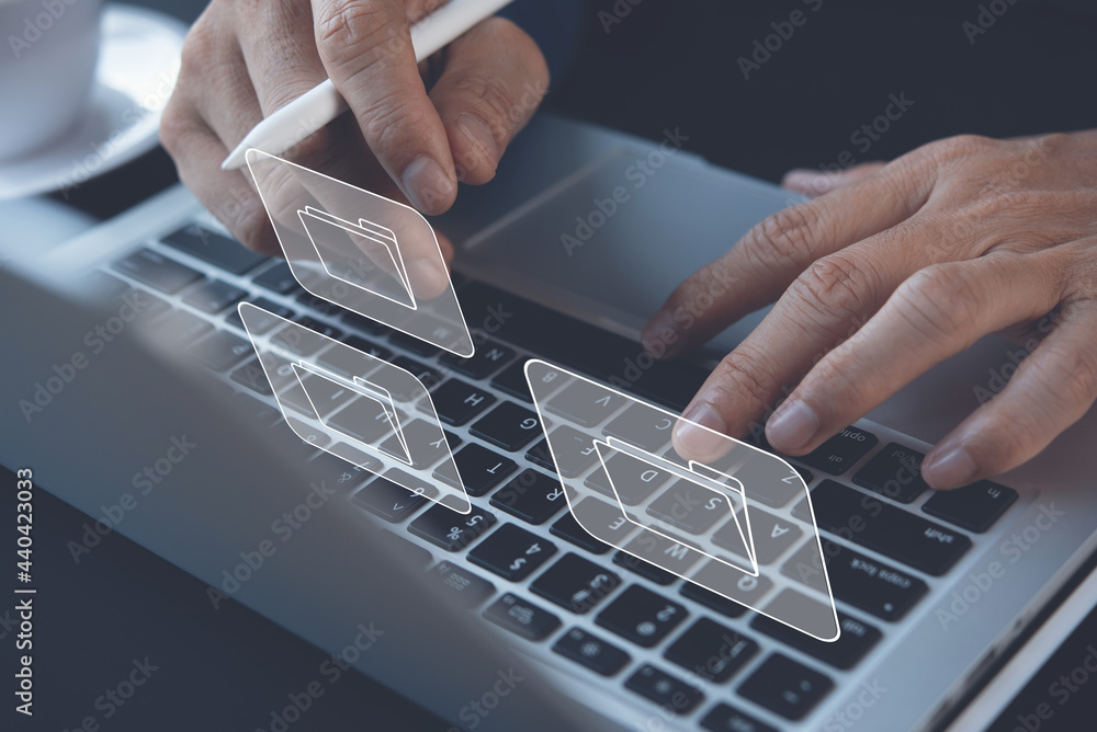 Poster e-document, paperless office concept. businessman working on laptop computer keyboard with electroni